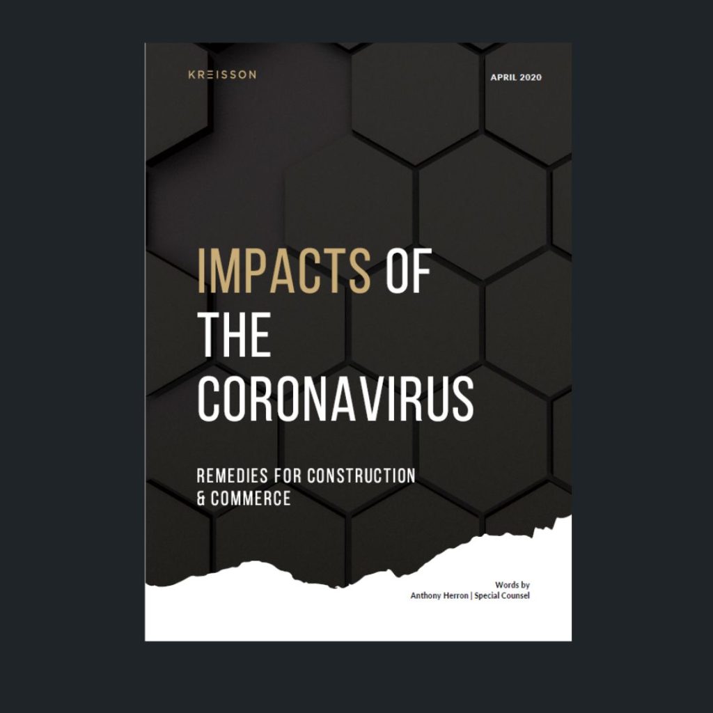 Cover of a report titled "Impacts of the Coronavirus: Remedies for Construction & Commerce," published April 2020 by Kreisson. Geometric black hexagon background.