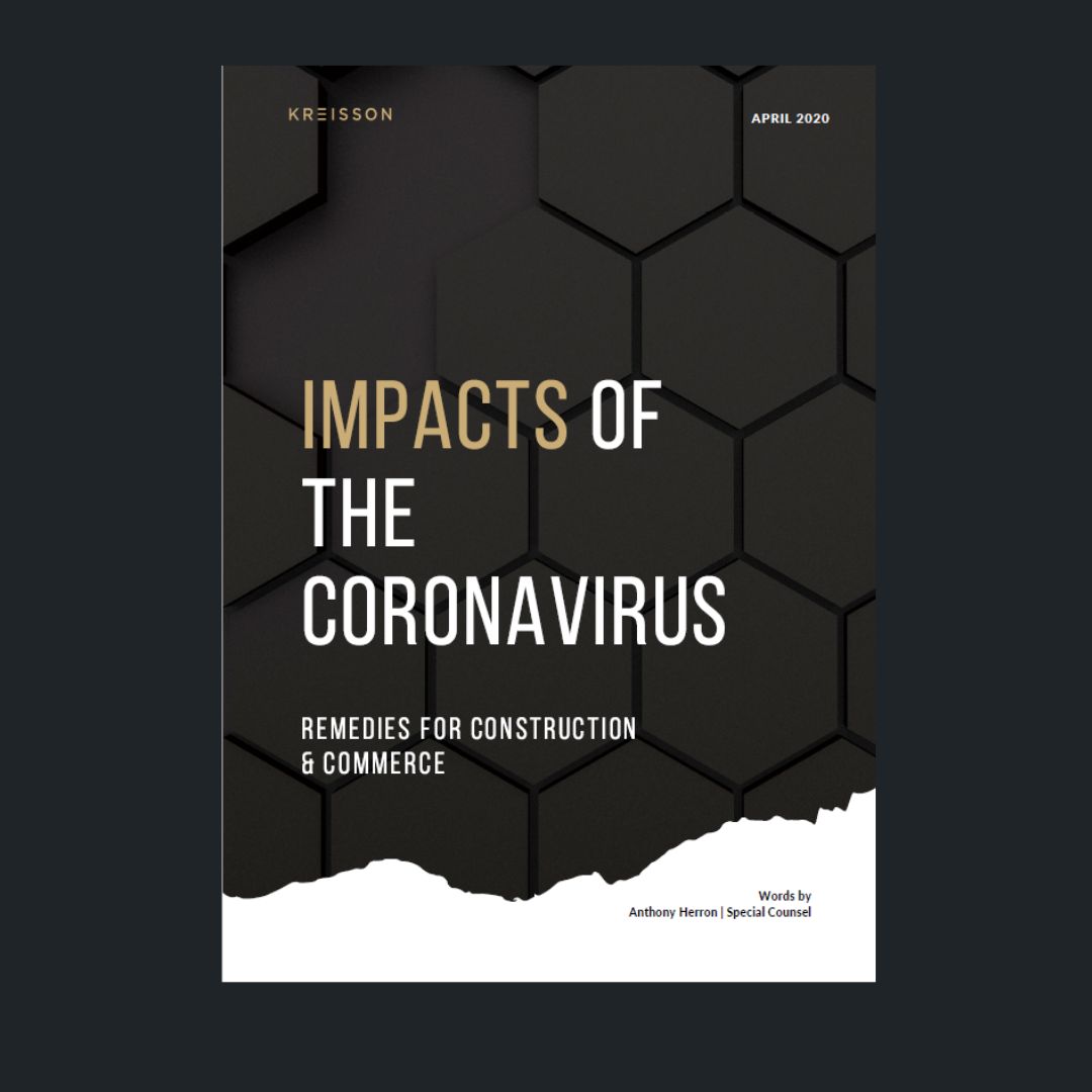 Cover of a report titled "Impacts of the Coronavirus: Remedies for Construction & Commerce," published April 2020 by Kreisson. Geometric black hexagon background.