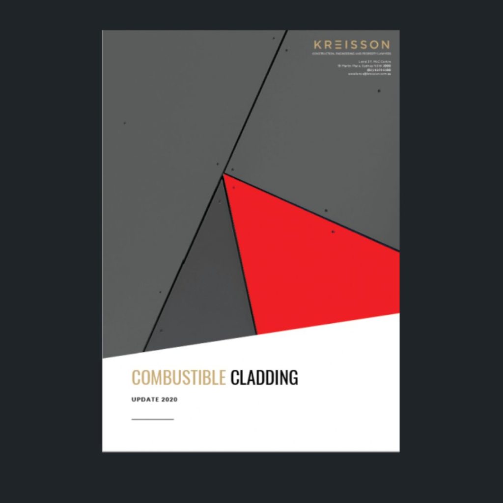 Cover of a document titled "Combustible Cladding Update 2020" by Kreisson, featuring abstract geometric shapes in gray, black, and red.