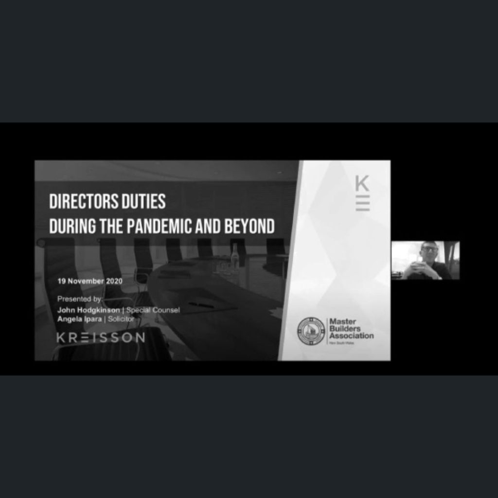 A presentation slide titled "Directors Duties During the Pandemic and Beyond" with speaker visible in a small video call window.