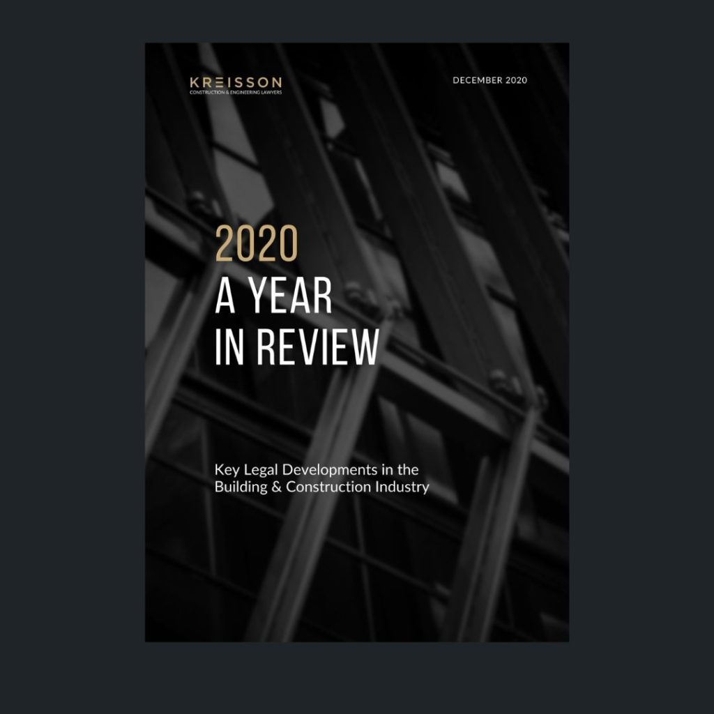 Cover of a report titled "2020 A Year in Review: Key Legal Developments in the Building & Construction Industry" by Kreisson, dated December 2020, with an abstract architectural background.