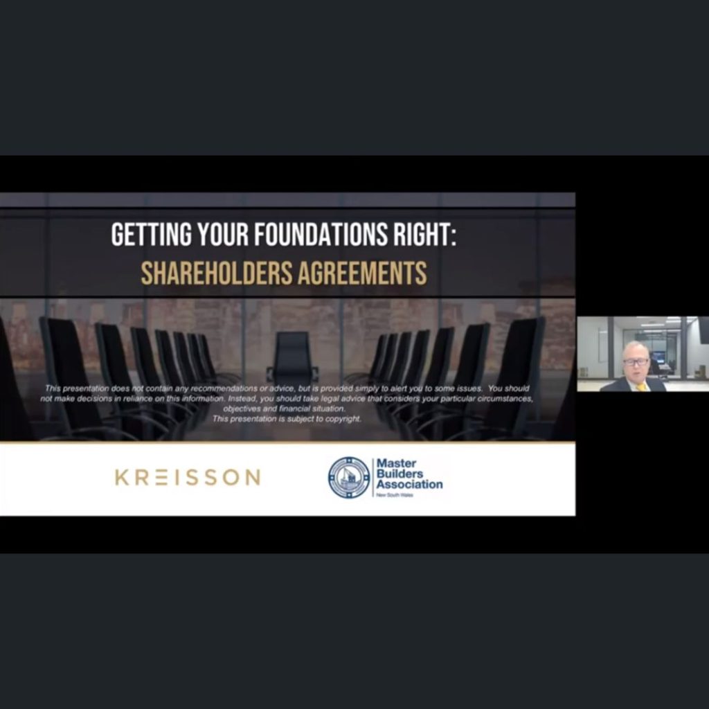 A presentation slide titled "Getting Your Foundations Right: Shareholders Agreements" with logos for Kreisson and Master Builders Association; a person is visible in a video call window.