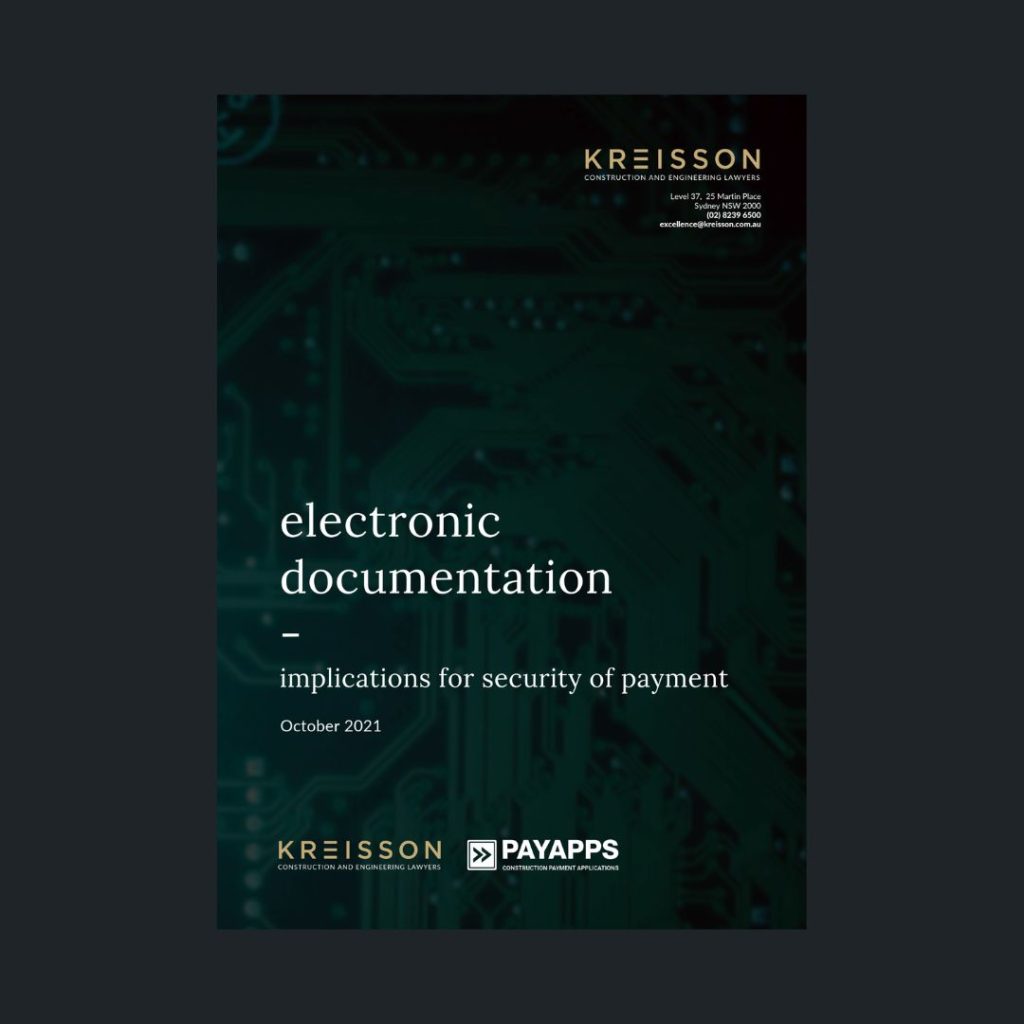 Dark-toned cover page titled "electronic documentation – implications for security of payment," dated October 2021, with Kreisson and PayApps logos at the bottom.