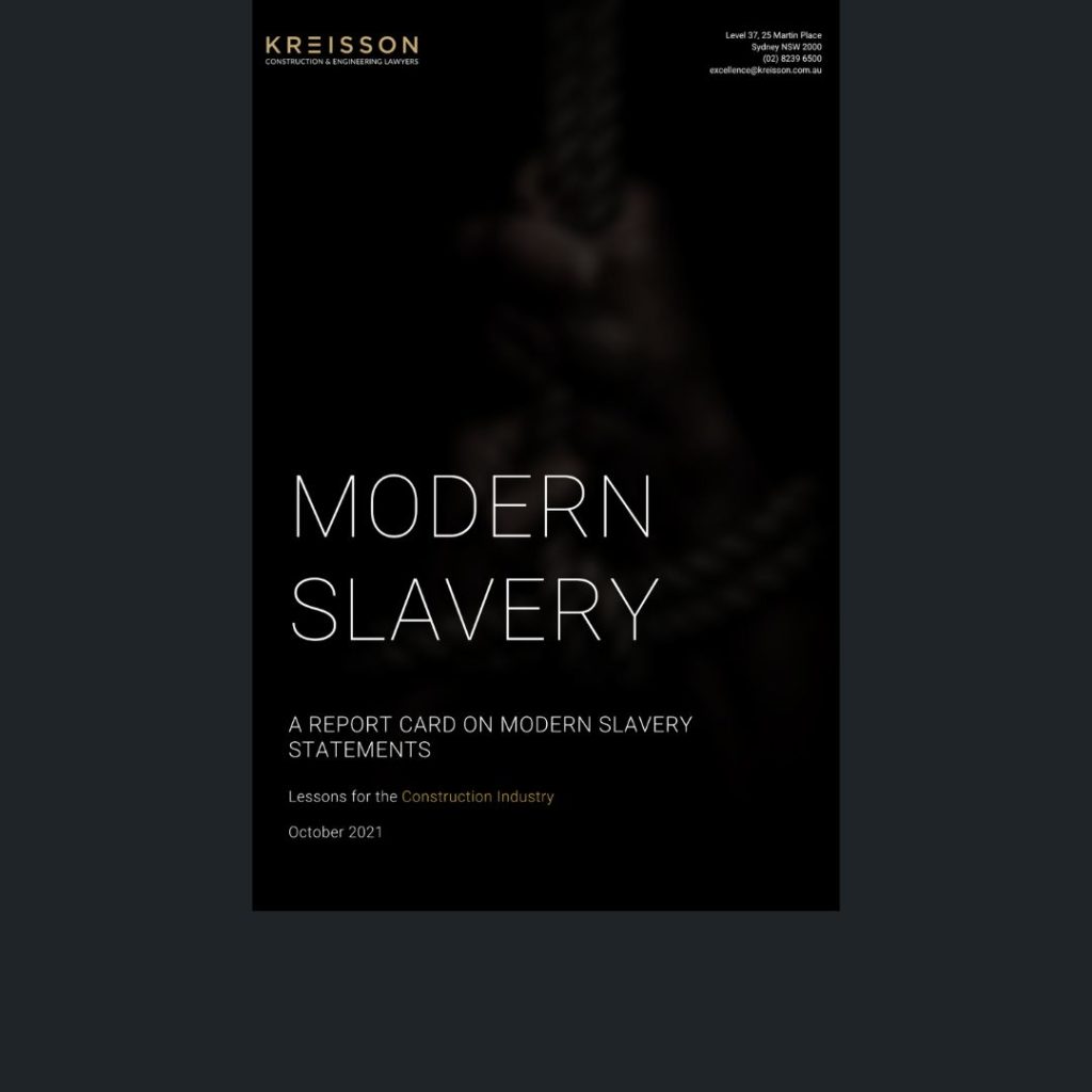 A report cover titled "Modern Slavery" by Kreisson, featuring a close-up of hands bound by rope, with contact details and publication date October 2021.