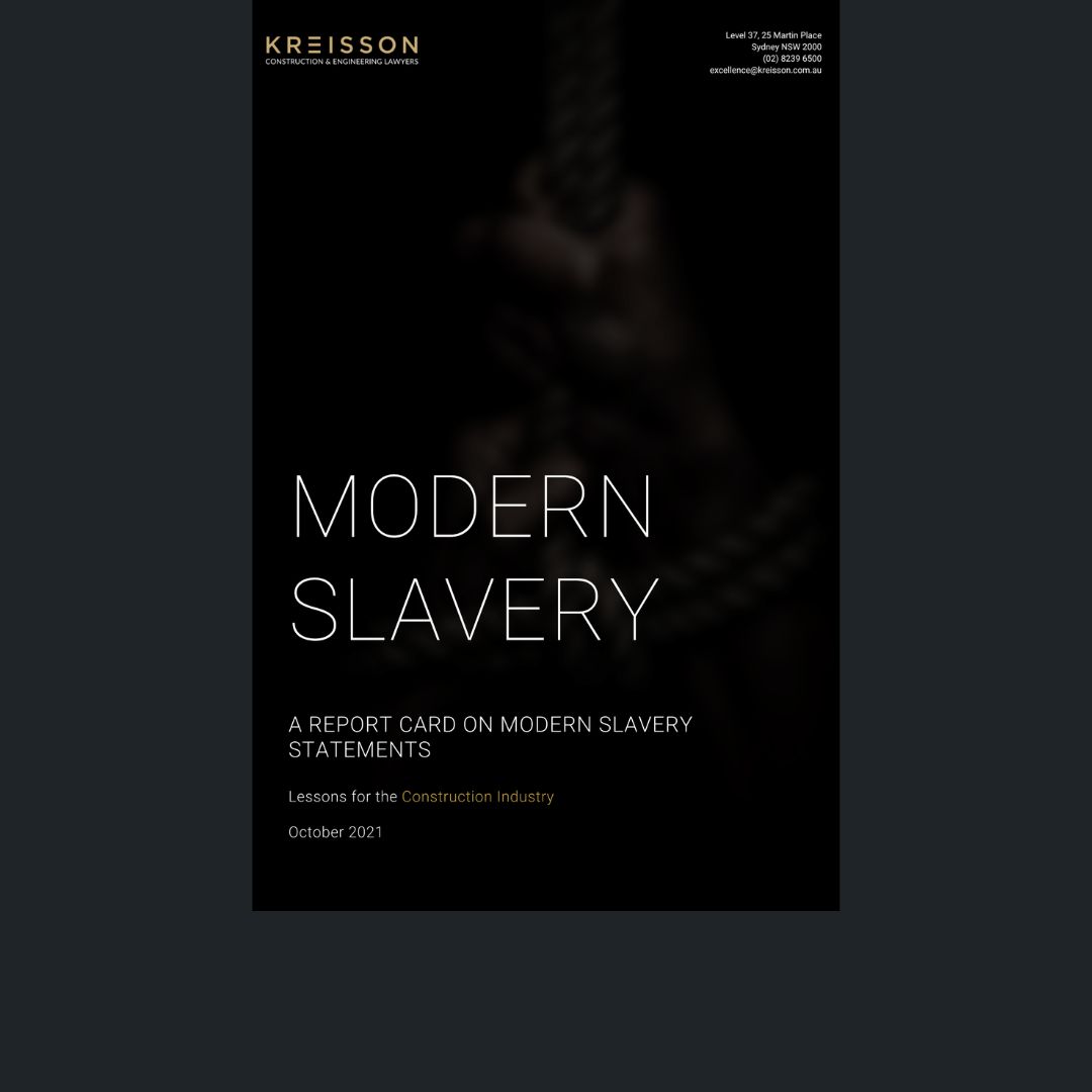 A report cover titled "Modern Slavery" by Kreisson, featuring a close-up of hands bound by rope, with contact details and publication date October 2021.