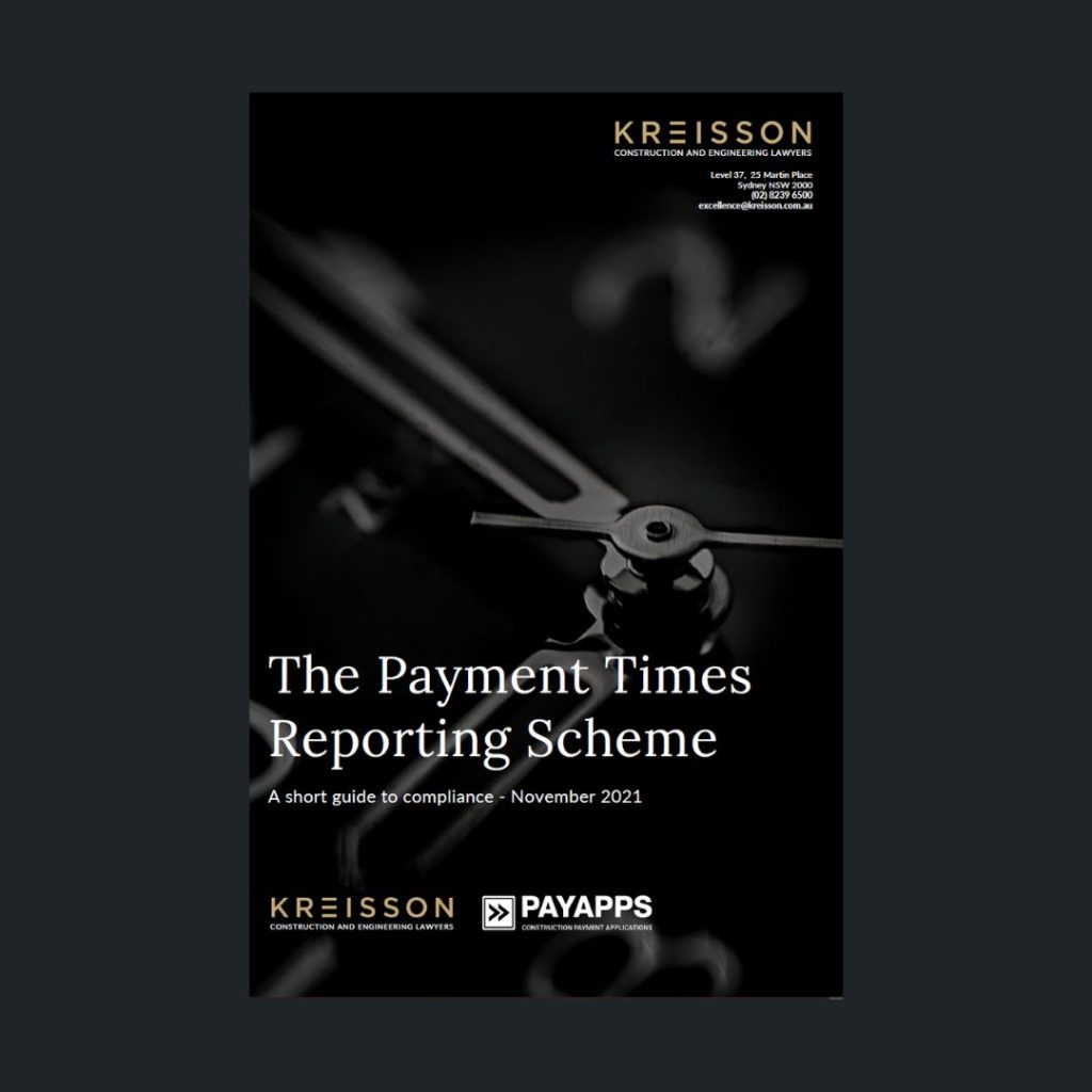 Cover page of a guide titled "The Payment Times Reporting Scheme," published by Kreisson and Payapps, with a close-up image of clock hands in the background.