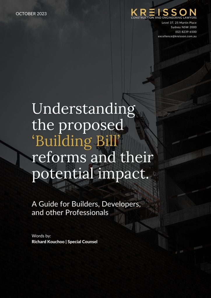 Cover page of a guide titled "Understanding the proposed 'Building Bill' reforms and their potential impact," with text overlaying a construction site background.
