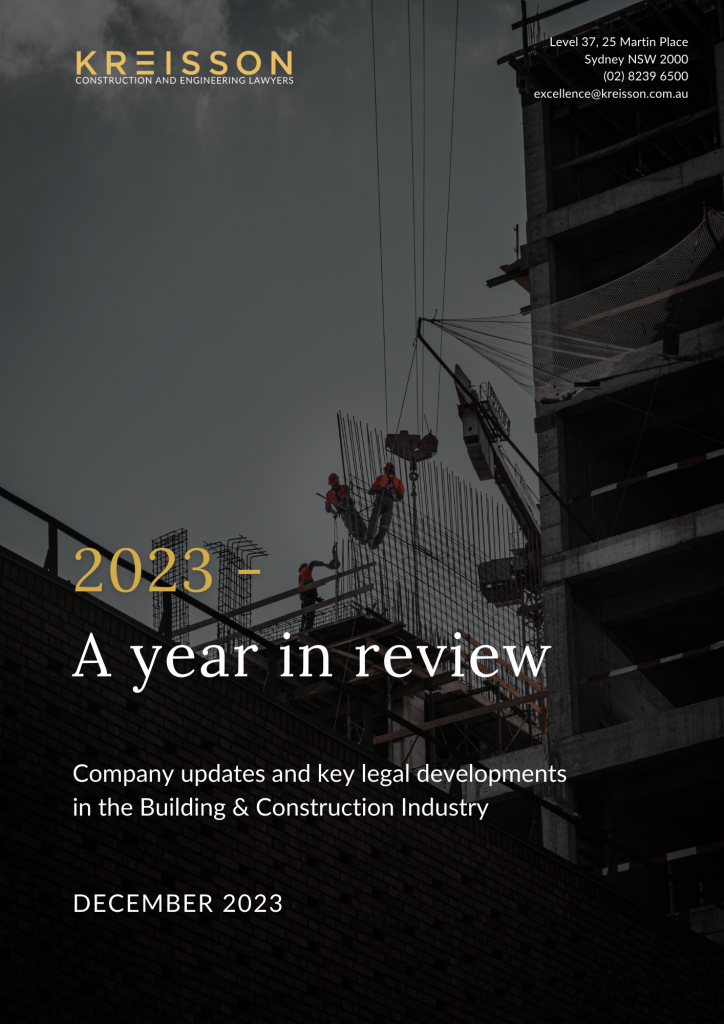 Cover page for Kreisson's "2023 - A year in review," featuring construction workers on a building site, with company details and publication date, December 2023.