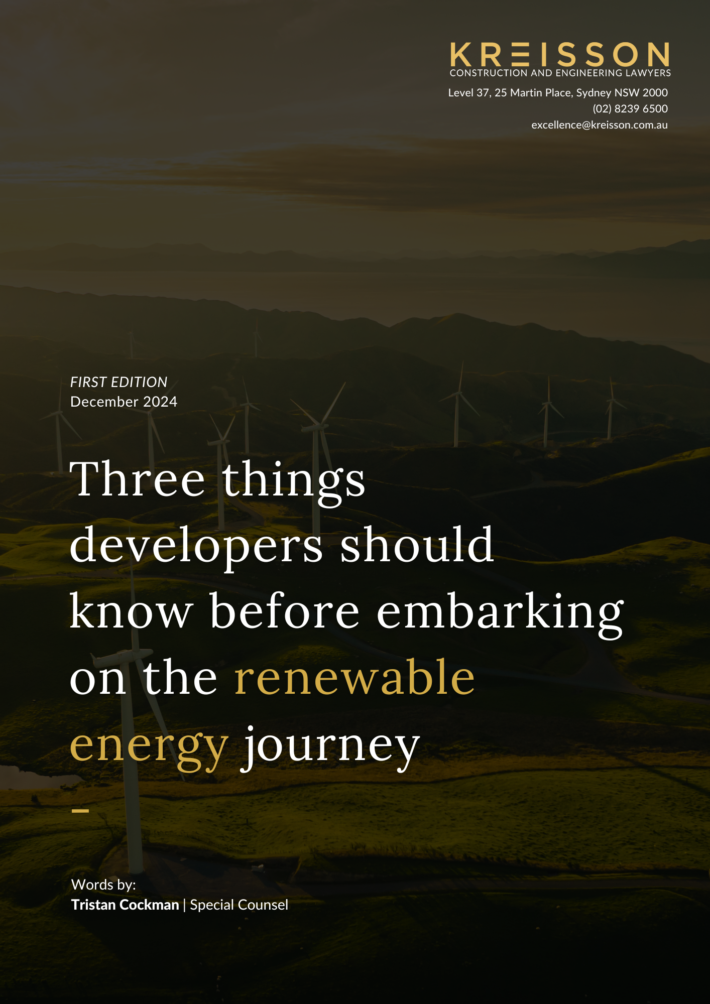 Cover page for a guide titled "Three things developers should know before embarking on the renewable energy journey," with wind turbines set against a green landscape at sunset.