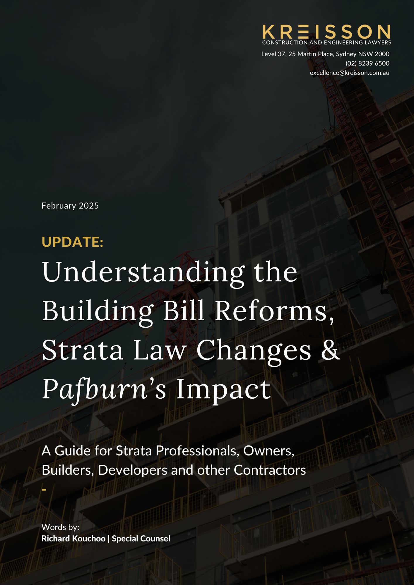 Cover page of a guide titled "Understanding the Building Bill Reforms, Strata Law Changes & Pafburn’s Impact," by Kreisson Construction and Engineering Lawyers, dated February 2025.