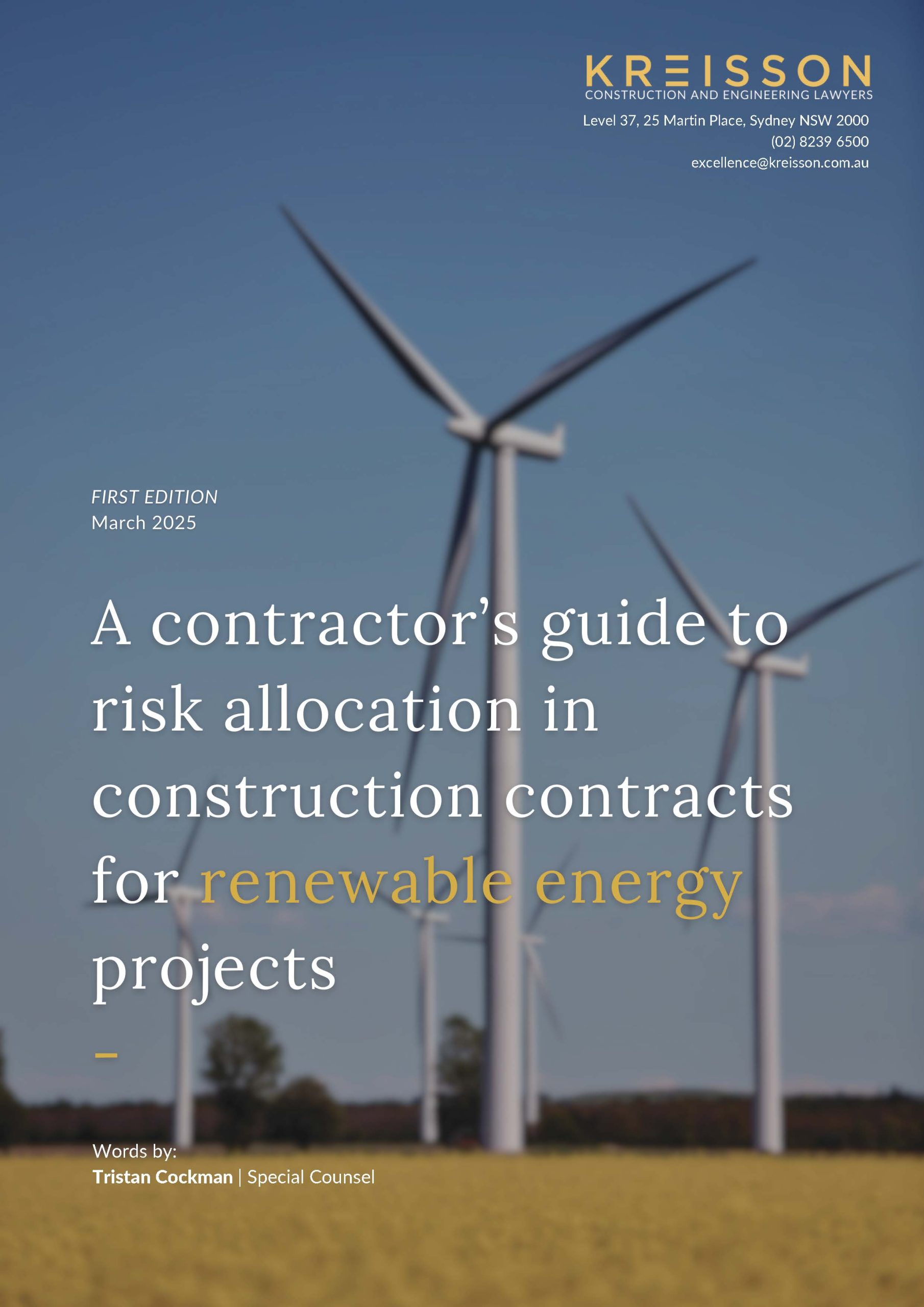 Cover of a contractor’s guide on risk allocation in construction contracts for renewable energy projects, featuring wind turbines and authored by Tristan Cockman.