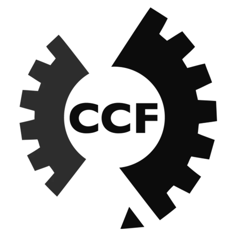 A circular gear icon with the letters "CCF" in the center, divided into dark and light gray segments on a black background.