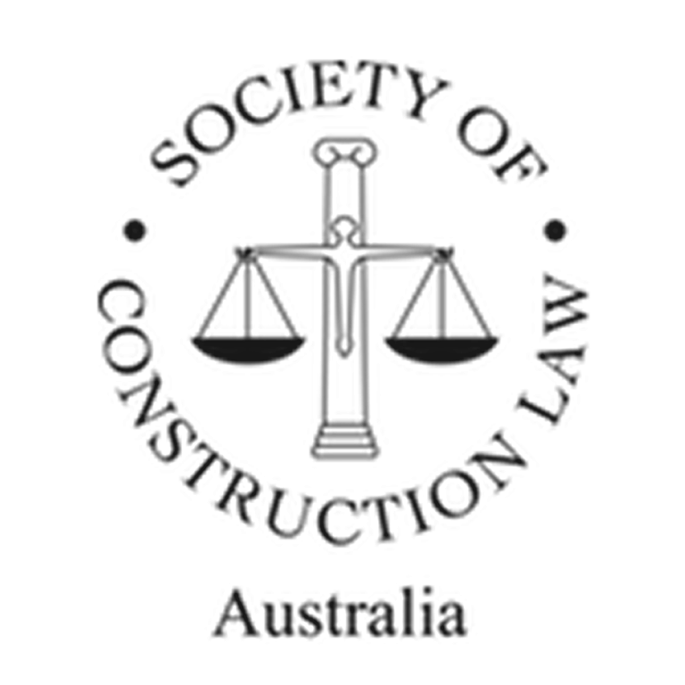 Logo of the Society of Construction Law Australia, featuring a balance scale symbol in the center with text in a circular arrangement.
