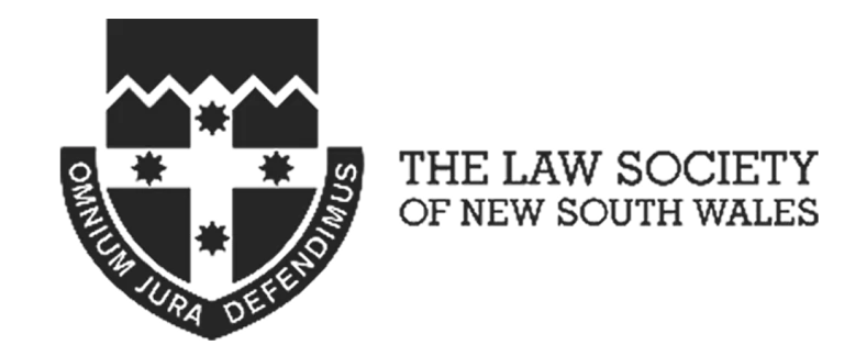 The logo of The Law Society of New South Wales featuring a crest with stars and a Latin motto, alongside the organization's name in uppercase letters.