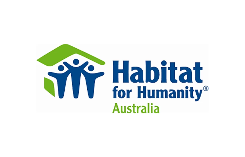 Habitat for Humanity Australia logo featuring three blue human figures under a green roof outline, with the organization's name in blue and green text.