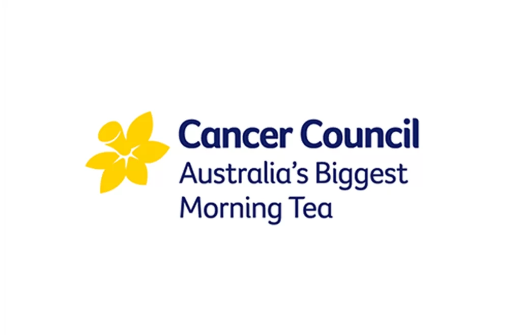 Cancer Council Australia's Biggest Morning Tea logo with a yellow daffodil graphic and blue text on a white background.