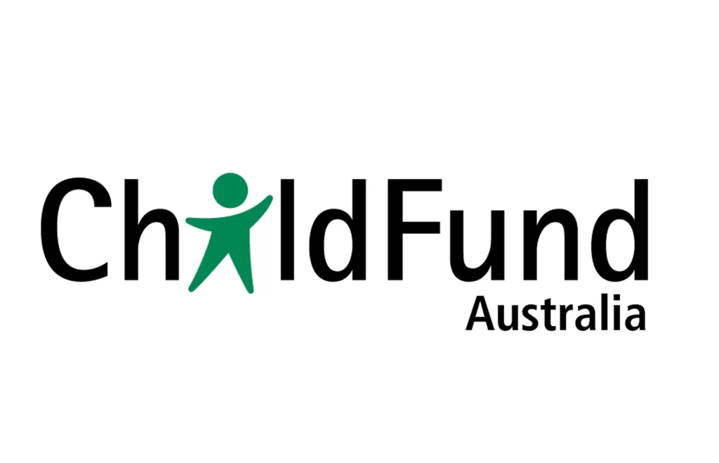 ChildFund Australia logo featuring black text with a green stick figure forming the letter "i" in "ChildFund" on a white background.